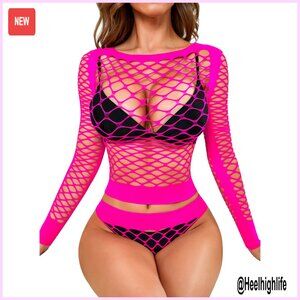 Mesh Lingerie Bodysuit Long Sleeve Free Size See Through Fishnet